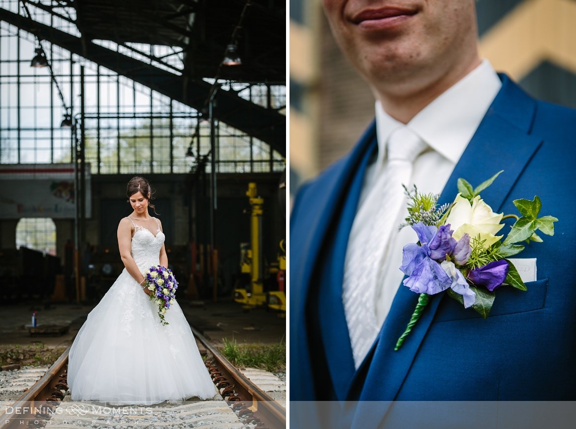huwelijksfotograaf industriele trouwreportage urban bruidsreportage loods trein trouwfoto bruidsfoto bruidsfotografie locloods roosendaal boswachter liesbosch breda 